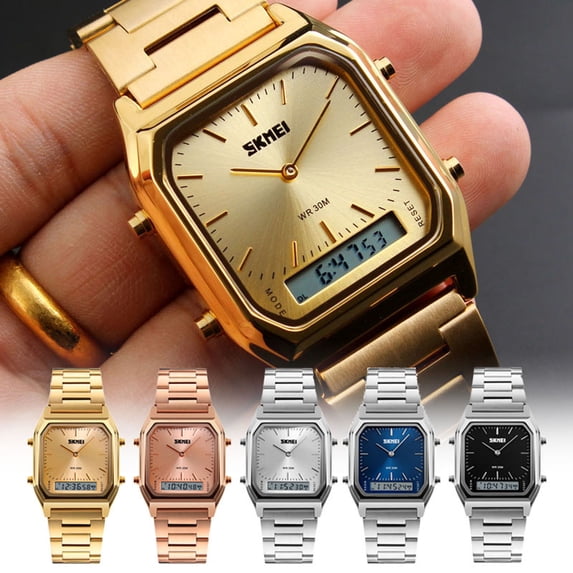karymi Square Inspired Waterproof Watch with Steel Bracelet, Analog and Digital Display, 30M WR, Alarm Stopwatch Date, Brushed Stainless Steel, Multi-Function Party Favors