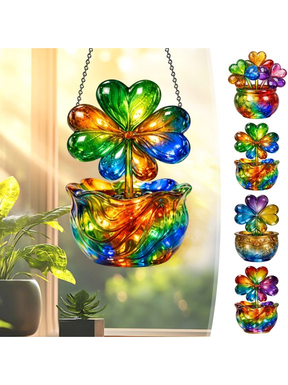 St. Patrick's Day 2D Acrylic Disc Pendant with Faux Four-Leaf Clover Design Window Porch Chain Outdoor Hanging Decoration Green Living Room Decor