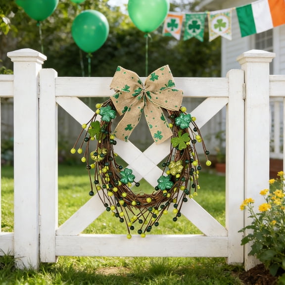 karymi St. Patrick's Day Four Leaf Clover Wreath with Bow 30x38cm Plastic Artificial Greenery for Front Door Spring Holiday Decoration Multicolor Mens Gifts Gift Ideas