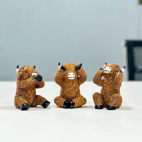 karymi Three No's Series Cow Statue Tabletop Decoration Highland Cattle Sculpture Set Hand Finished Textured Acrylic Resin Horns Weighted Base Living Room Decor Christmas Party Favors