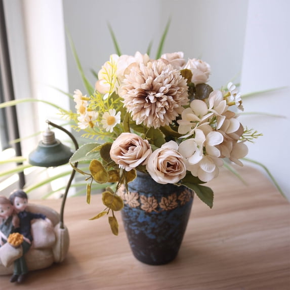 karymi Vibrant Realistic Artificial Hydrangea Rose Chamomile Flower Bouquet Fake Silk Floral Arrangement for Home Decoration Wedding Party Centerpiece 12 Inches Gifts for Women Home Decor