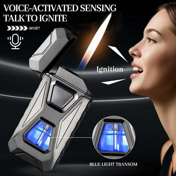 karymi Voice Controlled Butane Lighter Dual Fire Induction Ignition Windproof USB Rechargeable with Flame Adjustment 3.1x1.5x0.7 inch Gift Box Family Gifts