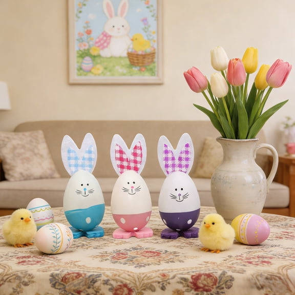 karymi White Easter Bunny Eggs Decorations 3.94x1.57x1.57in Small Ornaments for Table Shelf Display Spring Holiday Office Decor Gifts for Men Womens Gifts