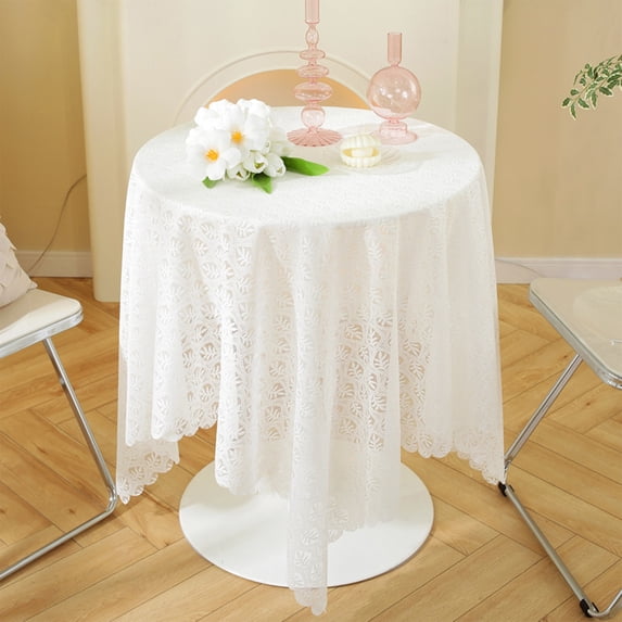 karymi White Lace Tablecloth Embroidered Sheer Round Table Cover With A Hollowed-out Non-slide Devise Suitable For Daily Use In Home Restaurants And Cafes Family Gifts Bedroom Decor