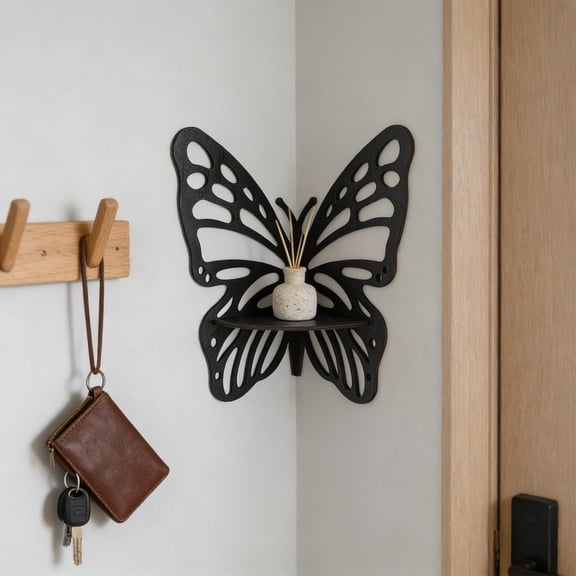 karymi Wooden Hollowed-out Butterfly Shaped Wall Mounted Storage Shelf Display Panel 11.02x9.05 Inch Black White Modern Floating Shelf for Figurine Plants Home Office Decor Mens Gifts