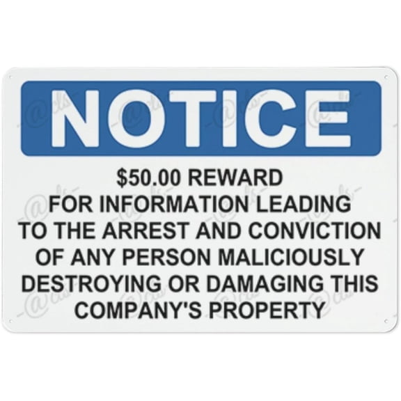 kasbes Metal Hanging Plate 50.00 REWARD FOR INFORMATION LEADING TO THE ARREST AND CONVICTION, Rust Free With 4 Pre-drilled Holes Waterproof, Fade and Scratch Resistant - NOTICE SIGN Style 20x30cm