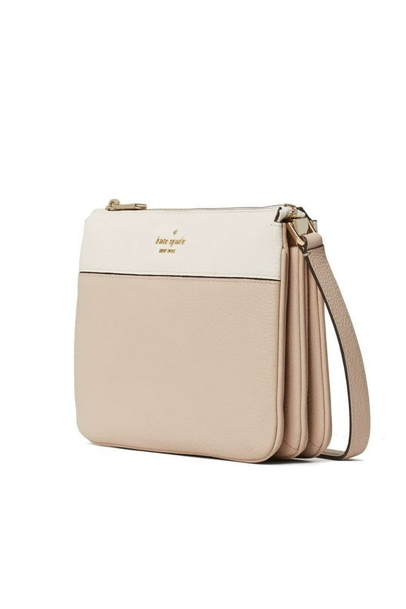 kate spade crossbody purse Leila triple gusset handbag for women, Warm beige, Small