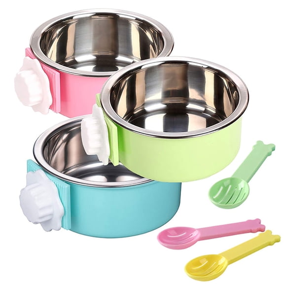 kathson 3 PCS Crate Dog Bowl, Stainless Steel Removable Hanging Cage Food Bowl Pet Food Spoon & Water Feeder Bowls Coop Cup for Puppy Cat Bird Rabbit