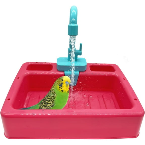 kathson Parrot Bathtub Bird Automatic Bathtub with Faucet Multifunctional Parakeet Shower Box Bird Bathing Tub Pool Toy with Fountain for Small Medium Birds Cockatiel Lovebird Budgie（Red-Orange）