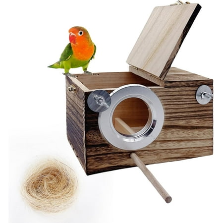 kathson Parrots Nesting Box Parakeet Nest House for Cage Budgie Breeding Box with Coconut Fiber Bedding Wooden Bird Mating Box for Lovebirds and Small Parrot Birds