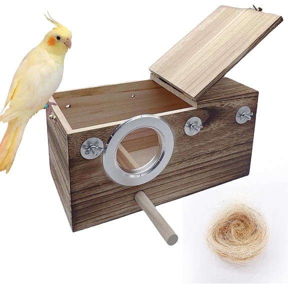 kathson Parrots Nesting Box Parakeet Nest House for Cage Budgie Breeding Hut with Coconut Fiber Bedding Wooden Bird Mating Box for Lovebirds Budgie Conure Cockatoo Cockatiel and Small Medium Parrots