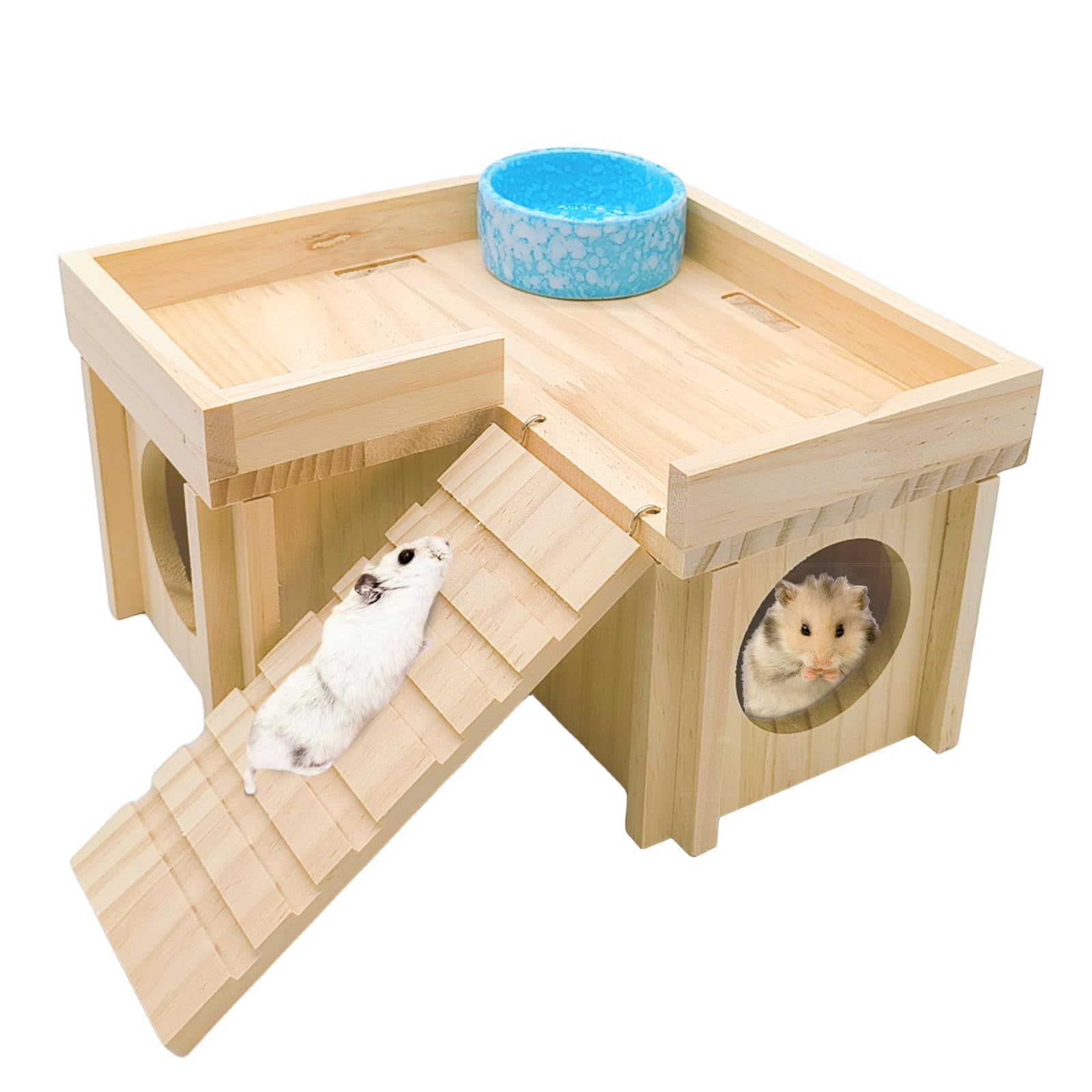 kathson Wooden Hamster Hideout Hamster Wood House with Ladder Habitats Decor Detachable Small Animals Cage Accessories for Rat Gerbils and Other Small Pets