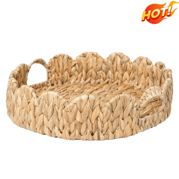 katior Scalloped Edge Round Tray, Serving Tray with Built-in Handles, Decoratve for Coffee Table, Rattan