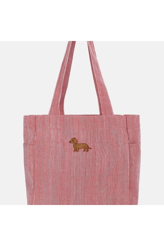 Women's Canvas Tote Bag, Pink Dachshund Dog Embroidered Shoulder Handbag, Casual Everyday Purse for Work School Dating Shopping, Unique Gift for Dog Lovers