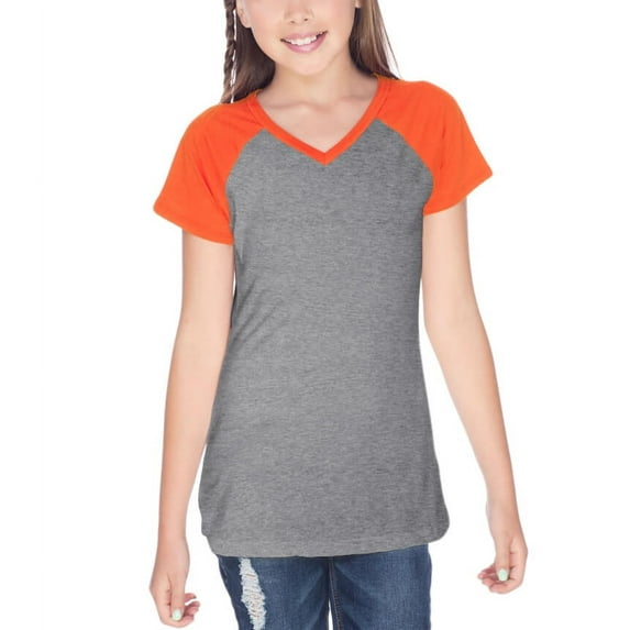 Kavio! Big Girls 7-16 Sheer Jersey Contrast V Neck Raglan Short Sleeve Dark H.Gray/V.Orange XL