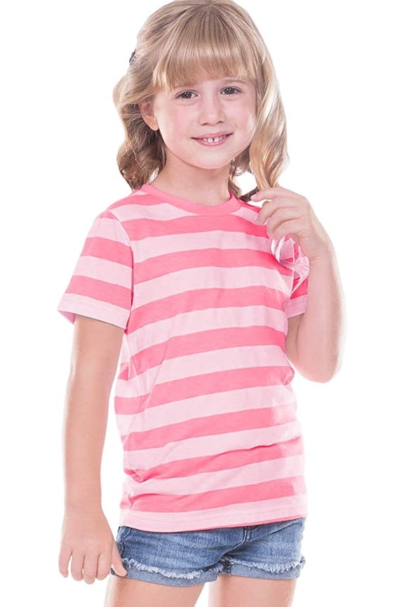 TJP0605 Toddlers Striped Jersey Crew Neck Short Sleeve Tee-StripedWhite/PinkFlash-4T
