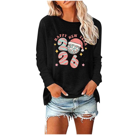 kayannuo 2026 Happy New Year Women's Long Sleeve Sweatshirt - Casual Loose Fit Blue Pullover Top for Holiday Christmas Party Daily Wear Lightweight Comfortable Black S