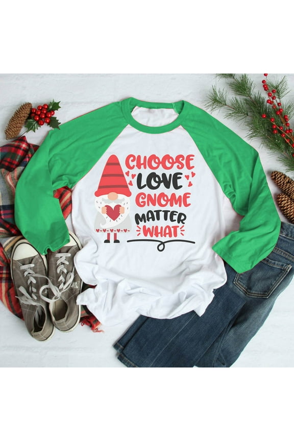 Fall Clothes For Women Fashion Women Valentine's Day Gnomes Print Color Block Casual Blouse T-shirt Top Green