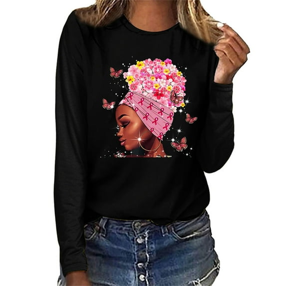 kayannuo Fall Clothes For Women Women Breast Cancer Top Casual Long Sleeve O-neck Sweatshirt Pullover Blouse Black