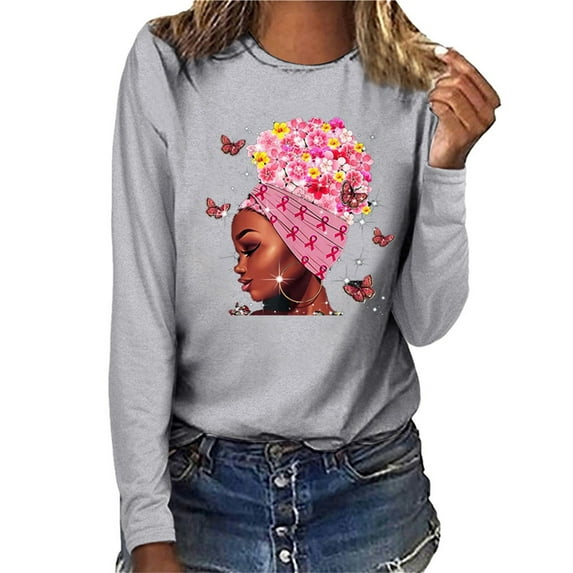 kayannuo Fall Clothes For Women Women Breast Cancer Top Casual Long Sleeve O-neck Sweatshirt Pullover Blouse Silver