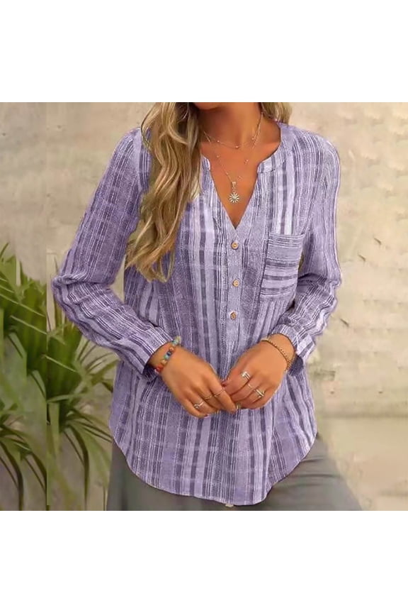 Fall Clothes For Women Women Casual Loose Pullover Striped Pockets V-neck Long-sleeved Shirt Purple