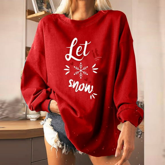 kayannuo Fall Clothes For Women Women Christmas Print Loose O-Neck Long-Sleeved Fleece Oversized Sweatshirt Pullover Red