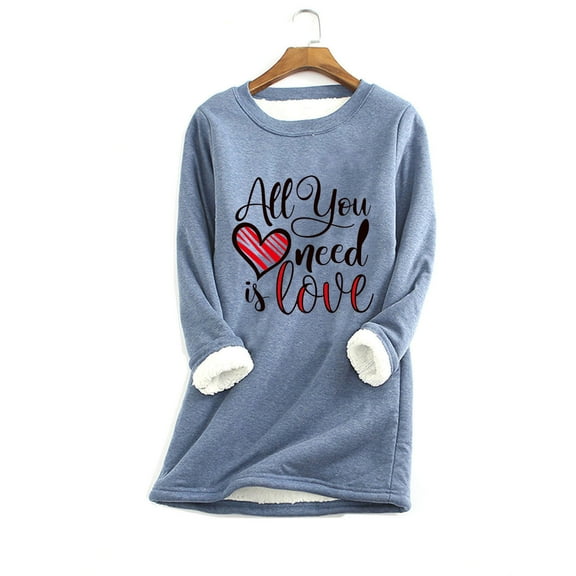 kayannuo Fall Clothes For Women Women Fashion Heart Love Print Thick Fleece Sweatshirt Velvet Warm Round Neck Underwear Top Gift For Couples Blue