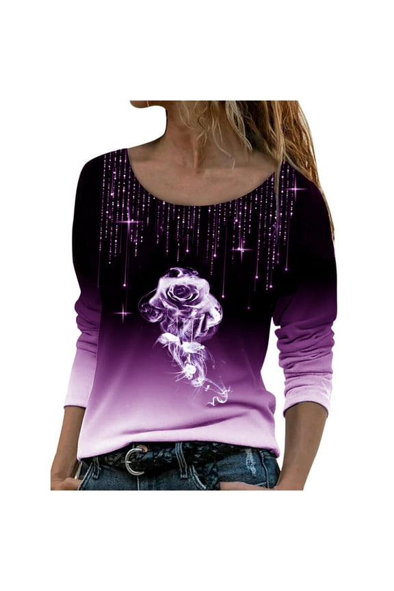 Fall Clothes For Women Women Fashion Loose O-Neck Printed Long Sleeve Top Purple