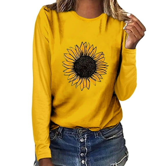 kayannuo Fall Clothes For Women Women Sunflower Print O-neck Long Sleeve Top Pullover Sweatshirt T-shirt Blouse Yellow