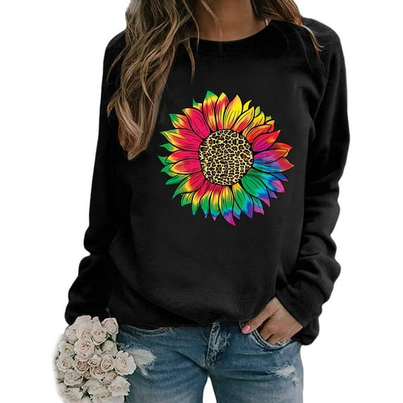 kayannuo Fall Clothes For Women Women's Casual Loose Round Neck Long Sleeve Sunflower Print Top Blouse T-shirt Black