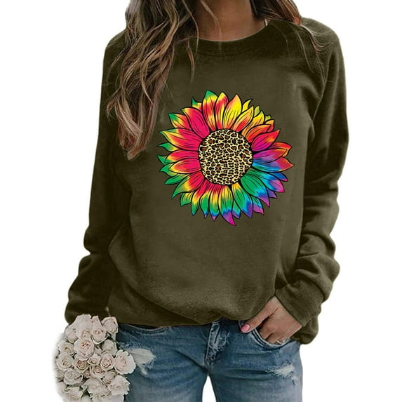 kayannuo Fall Clothes For Women Women's Casual Loose Round Neck Long Sleeve Sunflower Print Top Blouse T-shirt Green