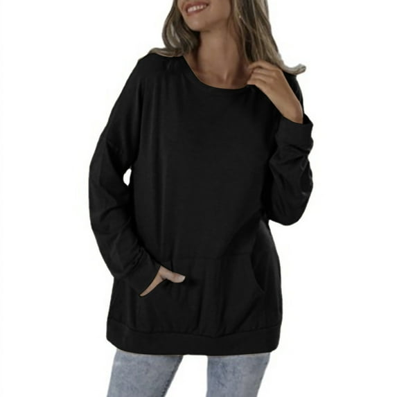 kayannuo Fall Clothes For Women Women's Casual Solid Color Round Neck Loose Pocket Long Sleeve Sweatshirt Black