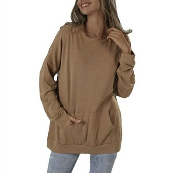 kayannuo Fall Clothes For Women Women's Casual Solid Color Round Neck Loose Pocket Long Sleeve Sweatshirt Khaki