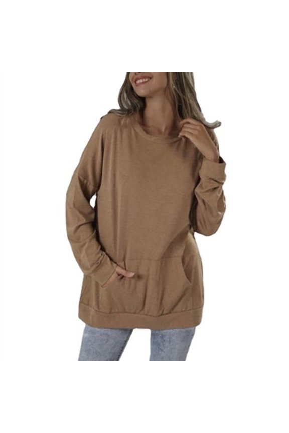 Fall Clothes For Women Women's Casual Solid Color Round Neck Loose Pocket Long Sleeve Sweatshirt Khaki