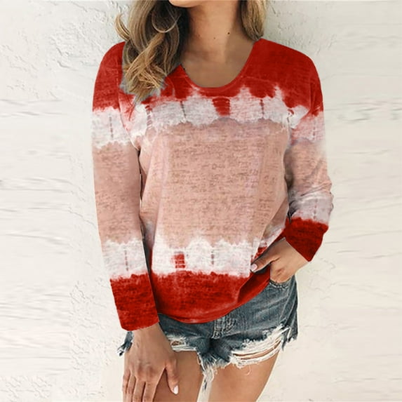 kayannuo Fall Clothes For Women Women's Fashion Casual Round Neck Long Sleeve Printed Top T-Shirt Blouse Red