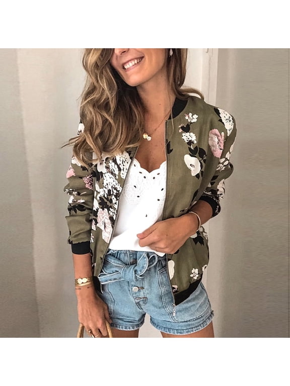 Fall Clothes For Women Womens Ladies Casual O Neck Retro Floral Zipper Up Jacket Casual Coat Outwear Green