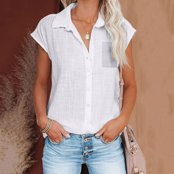 kayannuo Short Sleeve Shirts for Women Shirts For Women Summer Casual Cotton Linen Short Sleeve T Shirt Loose Fit Button Down Lapel Solid Color Tees