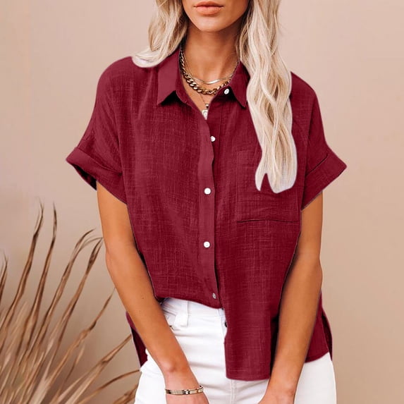 kayannuo Short Sleeve Shirts for Women Shirts For Women Summer Casual Cotton Linen Short Sleeve T Shirt Loose Fit Button Down Lapel Solid Color Tees