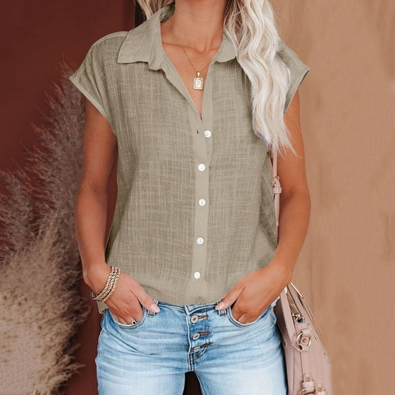 kayannuo Short Sleeve Shirts for Women Shirts For Women Summer Casual Cotton Linen Short Sleeve T Shirt Loose Fit Button Down Lapel Solid Color Tees