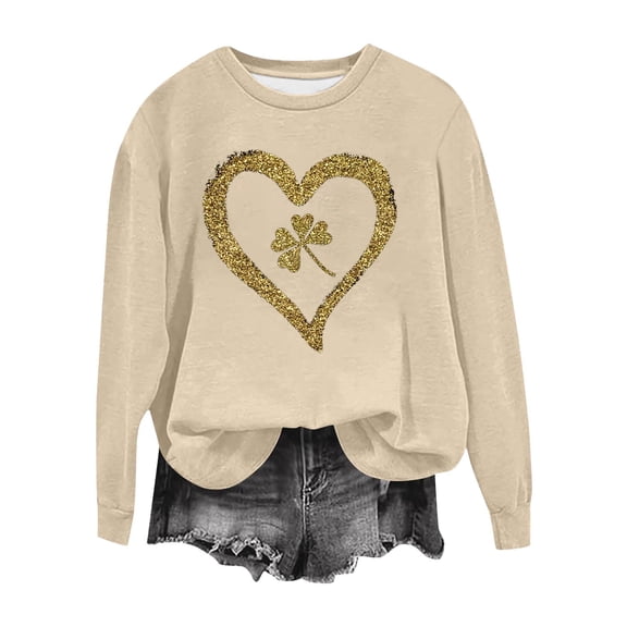 kayannuo Women's Cute Long Sleeve Round Neck Shamrock Print Sweatshirt - Trendy Casual Top for Going Out Holiday Daily Wear Beige S