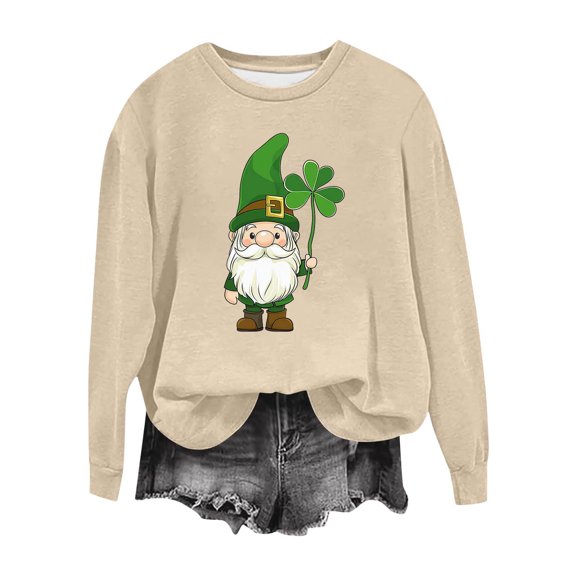 kayannuo Women's Cute Long Sleeve Round Neck Shamrock Print Sweatshirt - Trendy Casual Top for Going Out Holiday Daily Wear Beige XXL