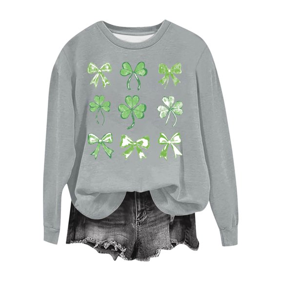 kayannuo Women's Cute Long Sleeve Round Neck Shamrock Print Sweatshirt - Trendy Casual Top for Going Out Holiday Daily Wear Gray S