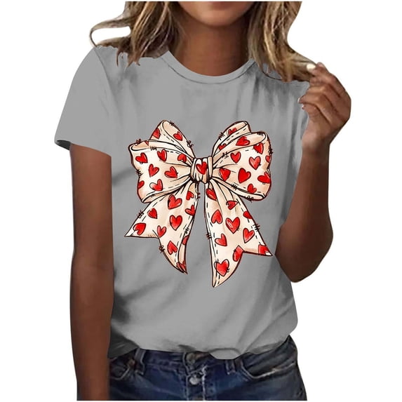 kayannuo Women's Cute Short Sleeve Round Neck Heart Bow Print Top - Casual Regular Fit Holiday Blouse for Going Out Daily Wear Gray M