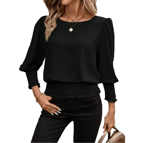 kayannuo Women's Elegant Long Sleeve Round Neck Puff Sleeve Blouse - Trendy Dressy Top for Going Out Work Daily Wear Black M