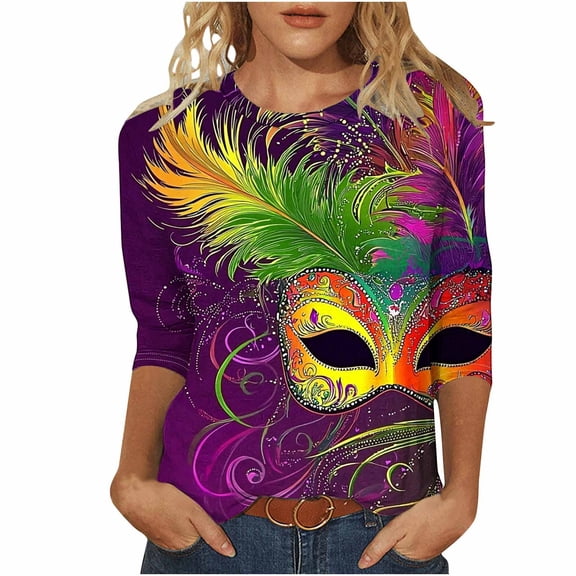 kayannuo Women's Mardi Gras Graphic 3/4 Sleeve T-Shirt - Trendy Vibrant Casual Top Lightweight Breathable for Festival Party Daily Wear Purple L