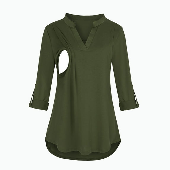 kayannuo Womens Tops Long Sleeve Shirts Fall Maternity V-Neck Solid Long Sleeve Breast-Feeding Pregnant Woman Nursing Buttons Blouse Tops Army Green