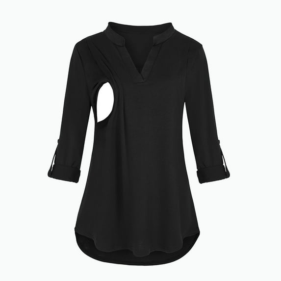 kayannuo Womens Tops Long Sleeve Shirts Fall Maternity V-Neck Solid Long Sleeve Breast-Feeding Pregnant Woman Nursing Buttons Blouse Tops Black