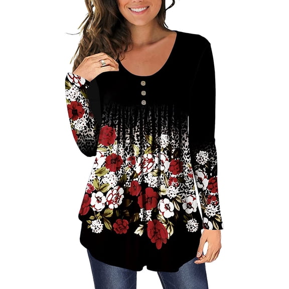 kayannuo Womens Tops Long Sleeve Shirts Fall Women Casual Floral Butterfly Printed Pullover Long Sleeve Buttons Blouse Tops Black