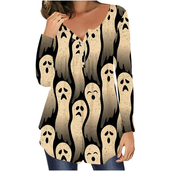 kayannuo Womens Tops Long Sleeve Shirts Fall Women Casual T-shirt Printed Long Sleeve Round Neck Ruched Pullover Blouse Tops Yellow