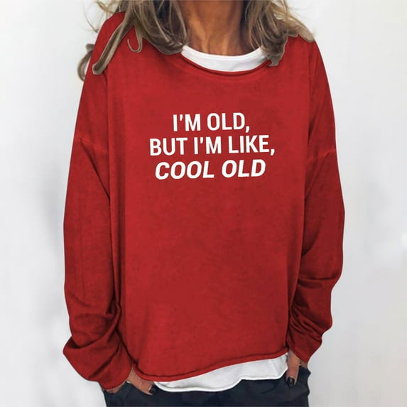 kayannuo Womens Tops Long Sleeve Shirts Fall Women Oversize Funny Text Letter Print Round-Neck Long Sleeve Loosen Single Sweatshirt Tops Pullover Blouse Red